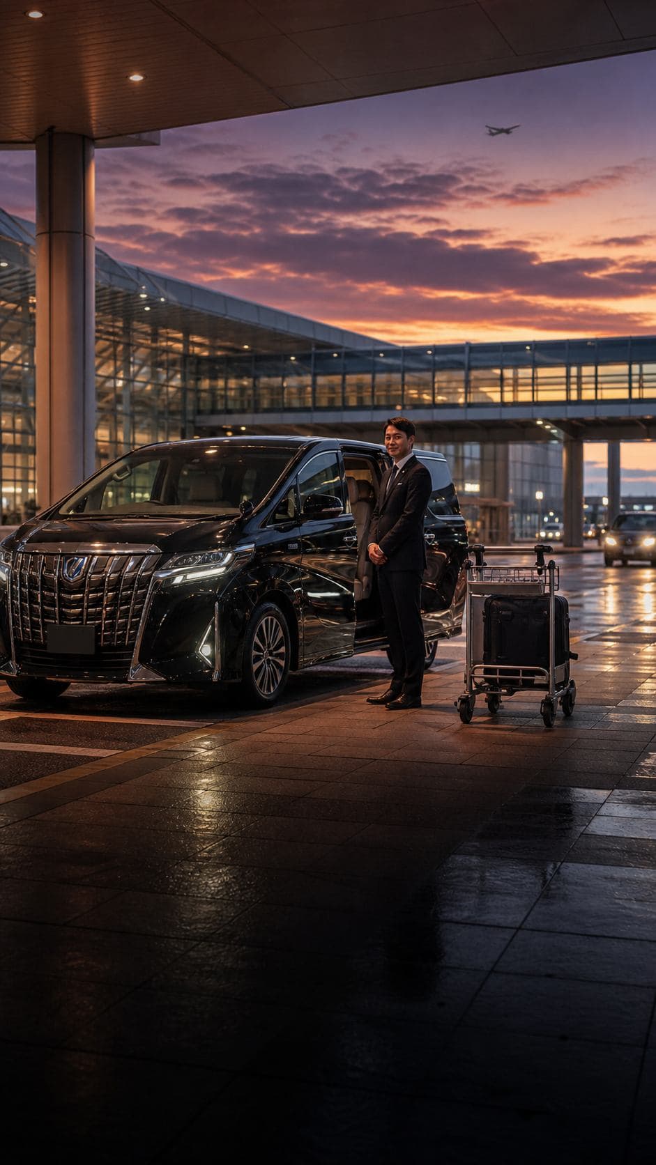 Luxury private airport pickup at Narita Airport with driver and black van