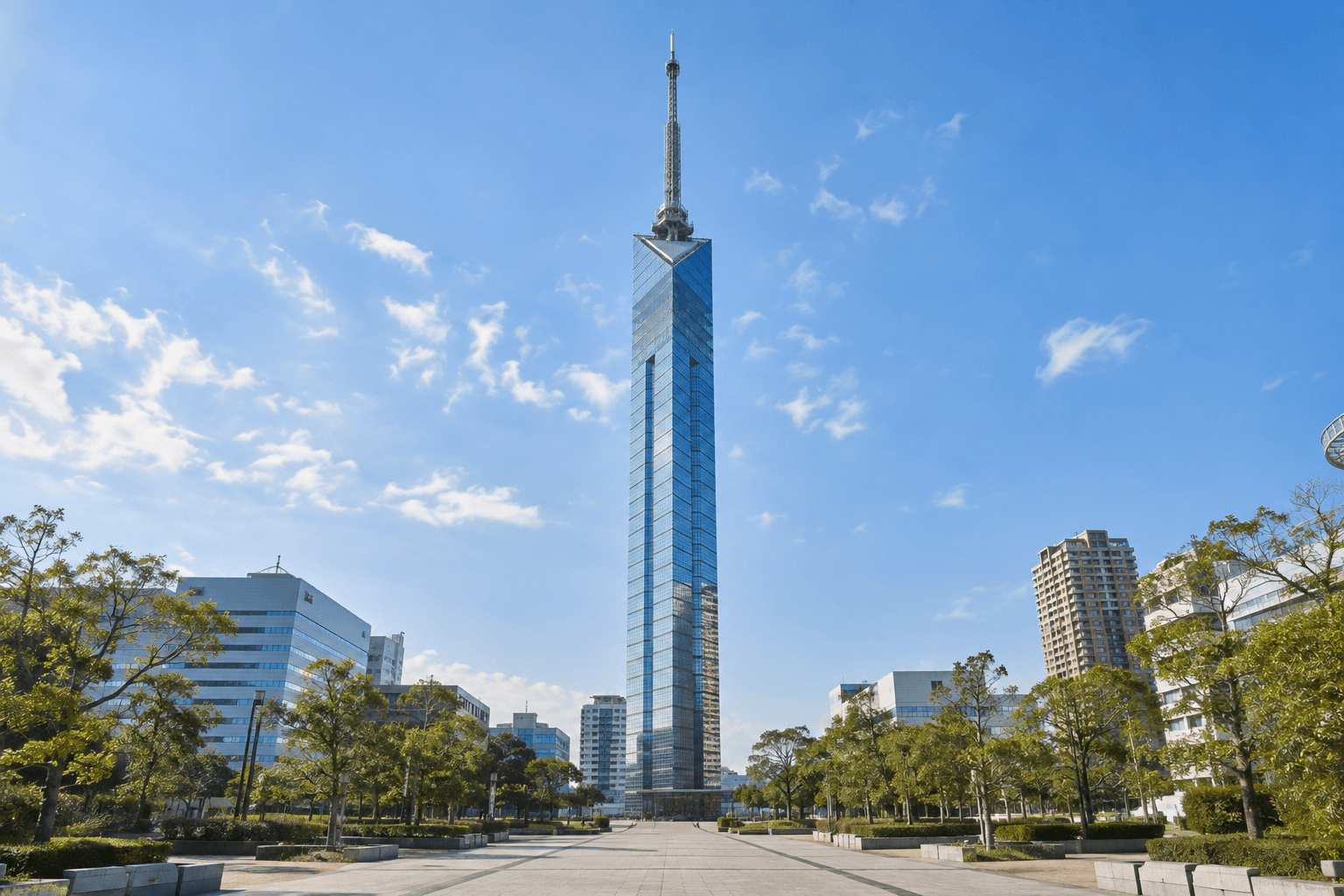 Fukuoka · Fukuoka Tower · AI destination illustration · not a photograph