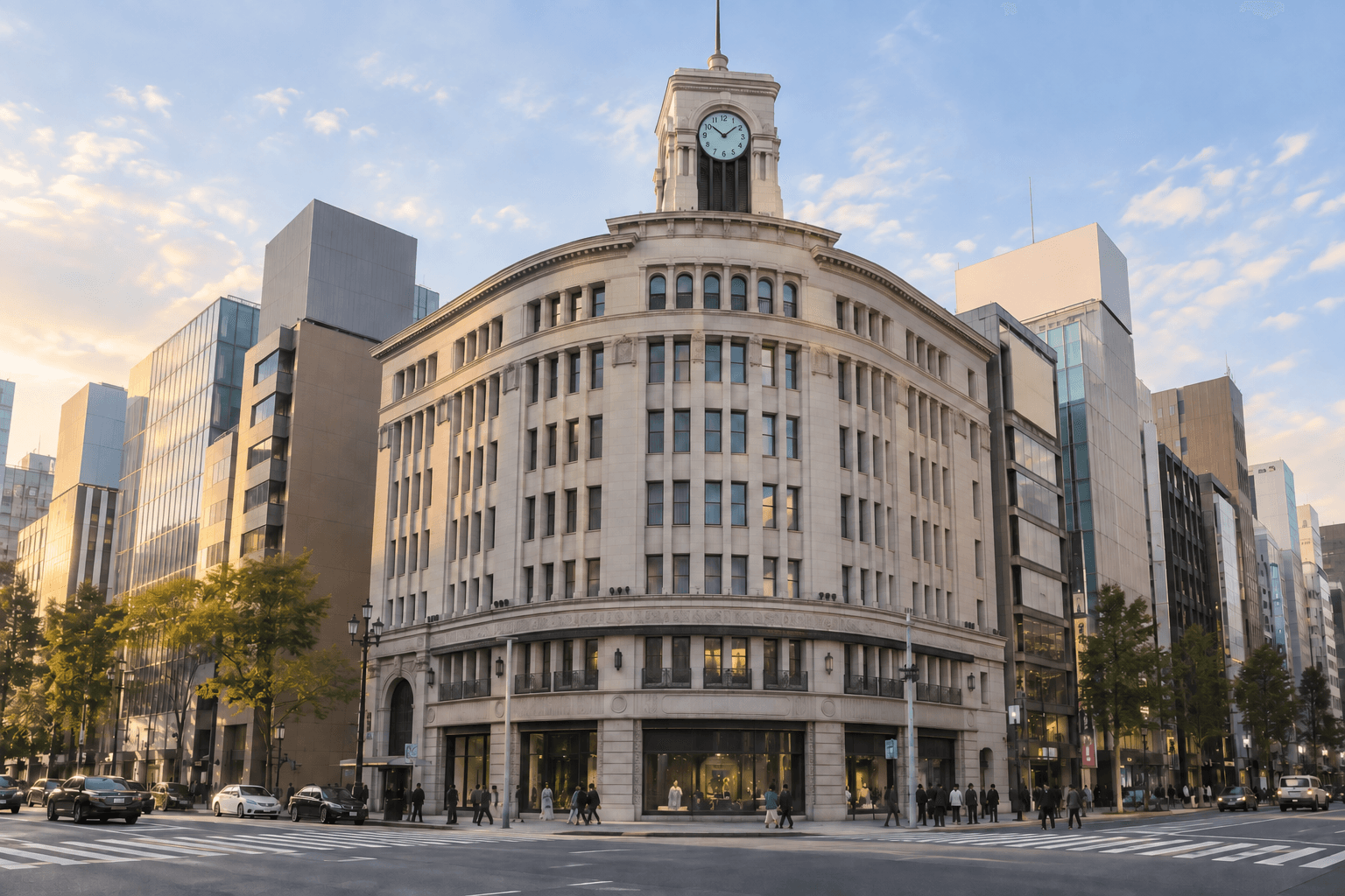 Ginza · torre del reloj Wako · Ilustración con IA · no es una fotografía