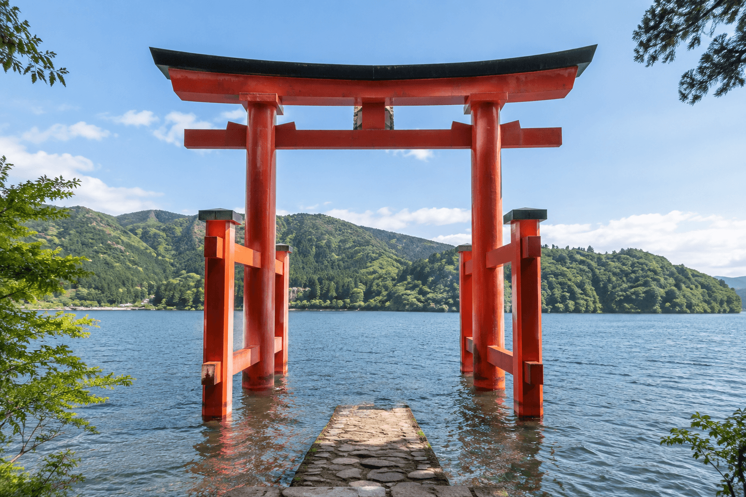 Hakone · Lake Ashi torii · AI destination illustration · not a photograph