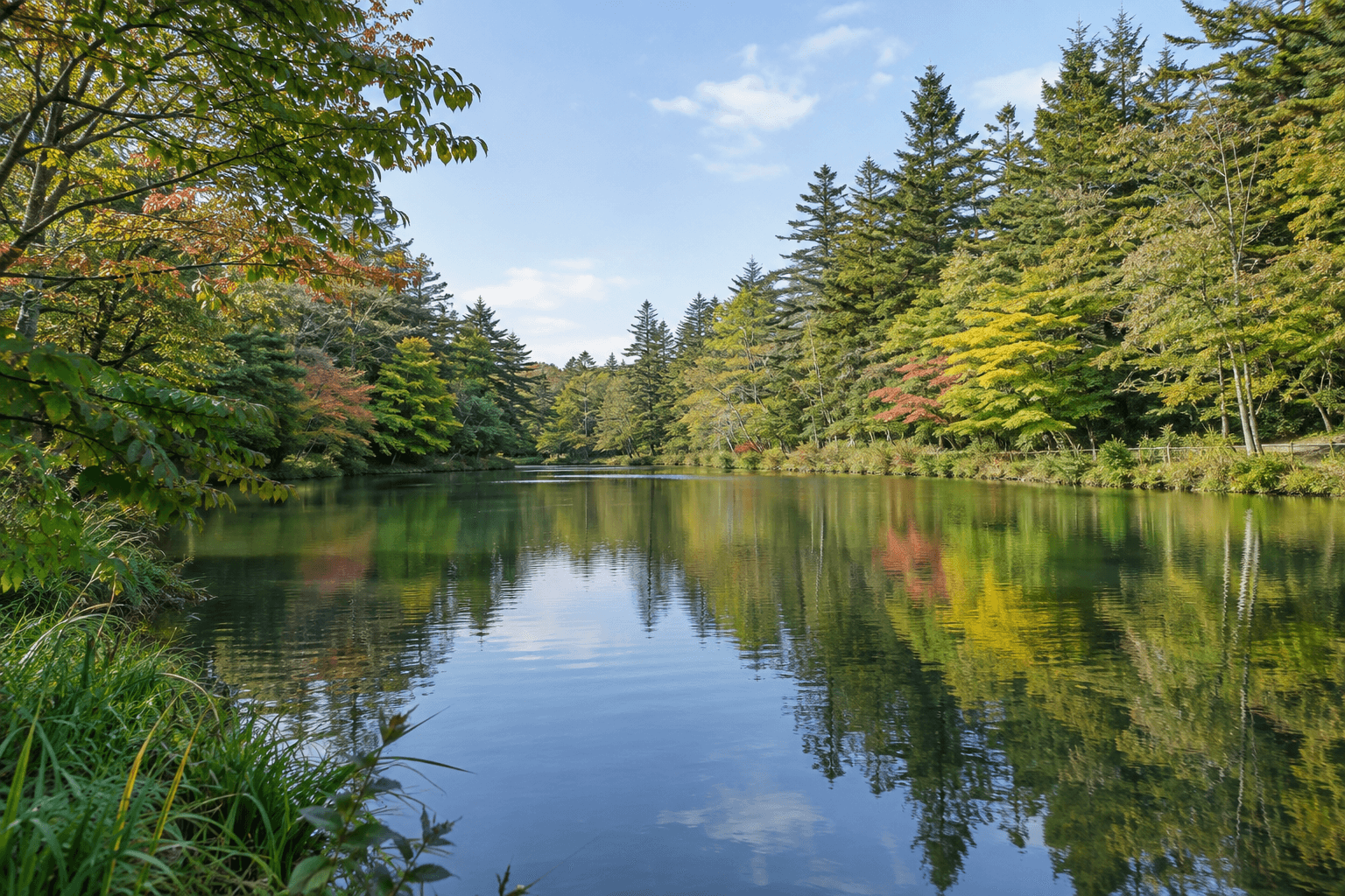 Karuizawa · paisaje del estanque Kumoba · Ilustración con IA · no es una fotografía