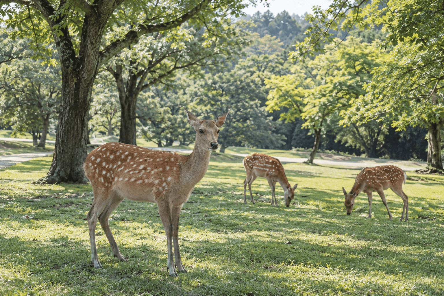 Nara Park and deer · AI destination illustration · not a photograph