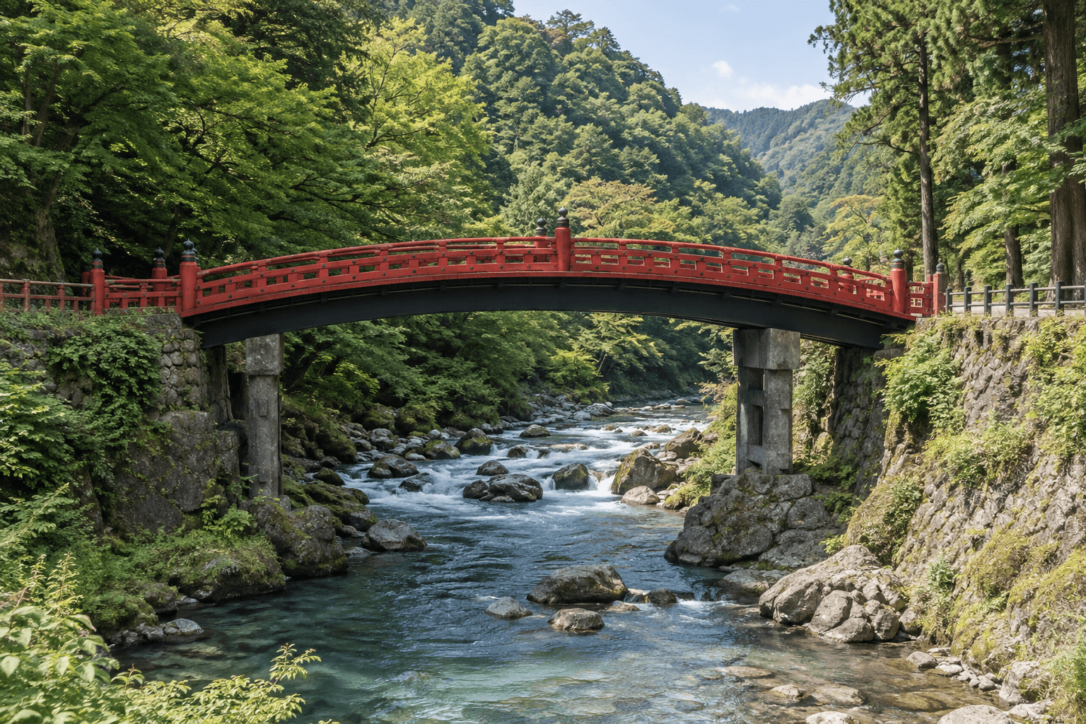 Nikko · Shinkyo Bridge · AI destination illustration · not a photograph
