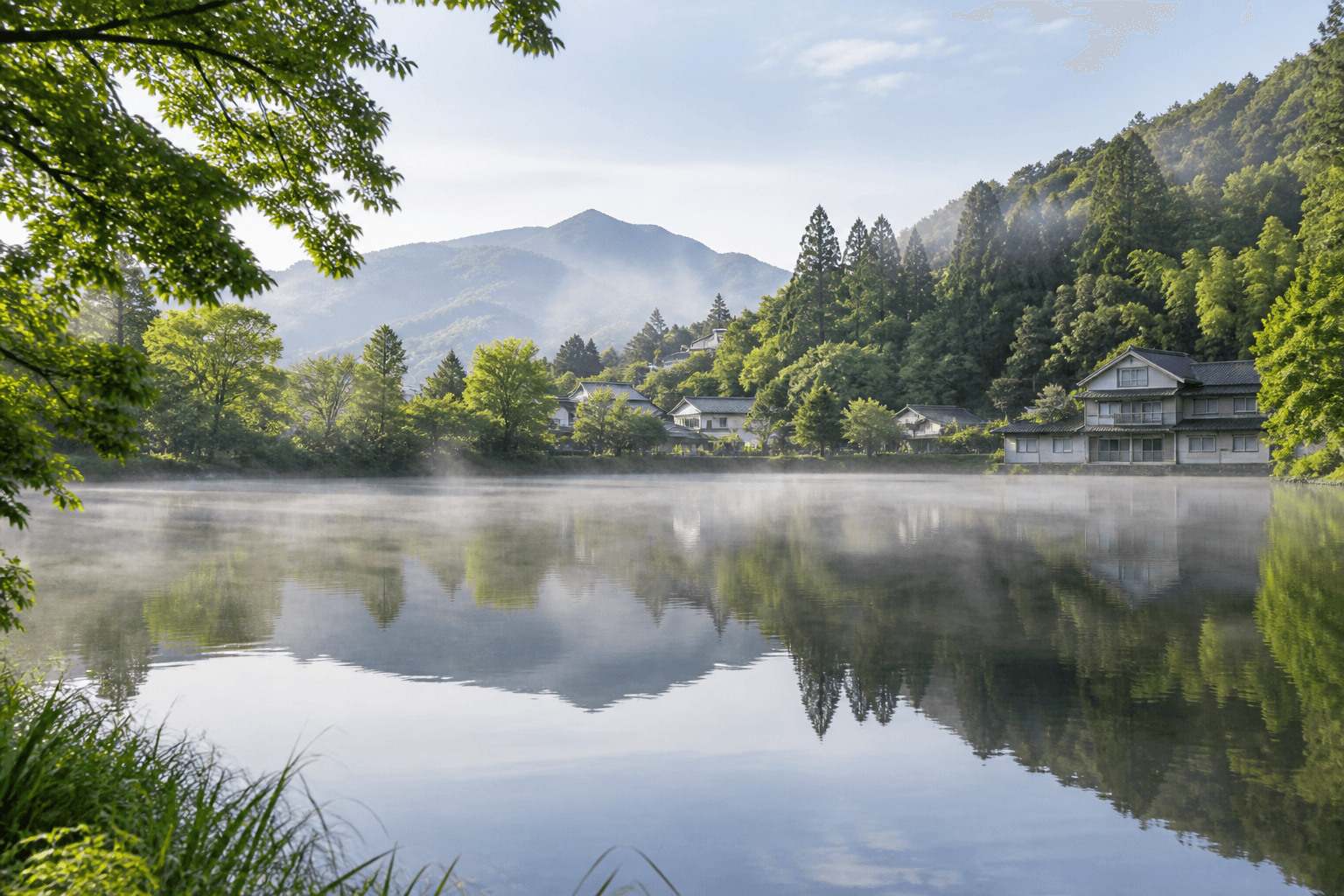 Yufuin · Lake Kinrin (not Beppu) · AI destination illustration · not a photograph