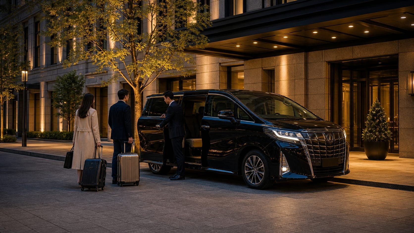 Toyota Alphard private airport transfer at a Tokyo luxury hotel entrance